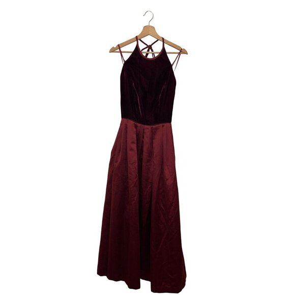 Vintage A.J. Bari Burgundy Halter Velvet Satin Back Lace-Up maxi Dress Women's S - Picture 1 of 8